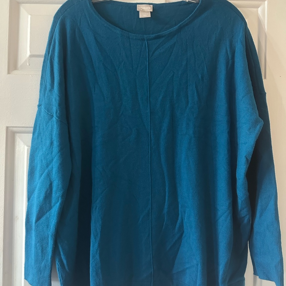Chico's‎ Teal Blue Cashmere Blend Tunic Crewneck Sweater. Size medium.